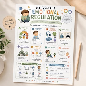Poster om autism och emotionell reglering, diagram över barns copingfärdigheter, verktyg för neurodivergent SEL i klassrummet US Letter