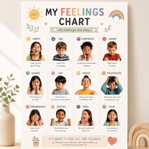 May include: A rectangular educational wall chart titled MY FEELINGS CHART featuring twelve sections with photographs of children expressing different emotions including happy, sad, surprised, angry, scared, shy, proud, frustrated, embarrassed, excited, tired, and calm.