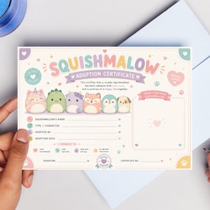 May include: A pastel-colored Squishmallow adoption certificate. The certificate features the text "Squishmallow Adoption Certificate" and includes spaces to fill in details like the Squishmallow's name and adoption date. The design includes cartoon animals.