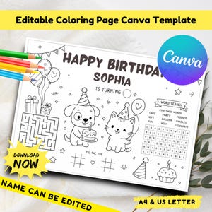Customizable Dog Cat Birthday Activity Sheet: Kids Party Placemat (Digital Download)