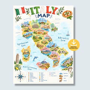 Puede incluir: Un mapa ilustrado a color de Italia con el texto ITALY MAP, etiquetas regionales e iconos en acuarela de monumentos, comida, animales y paisajes. El mapa incluye una rosa de los vientos y una leyenda con los símbolos representados.