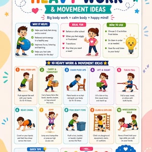 Può includere: Un poster educativo intitolato HEAVY WORK & MOVEMENT IDEAS con illustrazioni colorate di bambini che svolgono attività fisiche. Include sezioni sui benefici, l'uso, dieci esercizi di movimento specifici e una tabella di controllo emotivo.