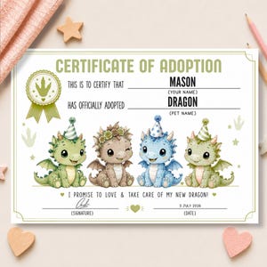 編集可能なドラゴン養子縁組証明書、ベビードラゴン誕生日パーティー記念品（Canvaテンプレート）
