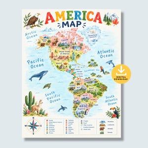 May include: A colorful illustrated map of North and South America featuring the text AMERICA MAP. The map includes labels for oceans, countries, and regions, decorated with watercolor drawings of animals, landmarks, forests, and mountains.