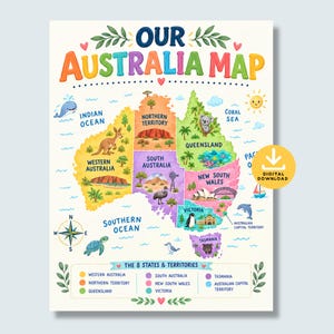 Può includere: Una mappa illustrata a colori intitolata OUR AUSTRALIA MAP che mostra gli otto stati e territori. La mappa include disegni di animali nativi come un canguro, un koala e un emù, insieme a punti di riferimento, una rosa dei venti e un'icona di download digitale.