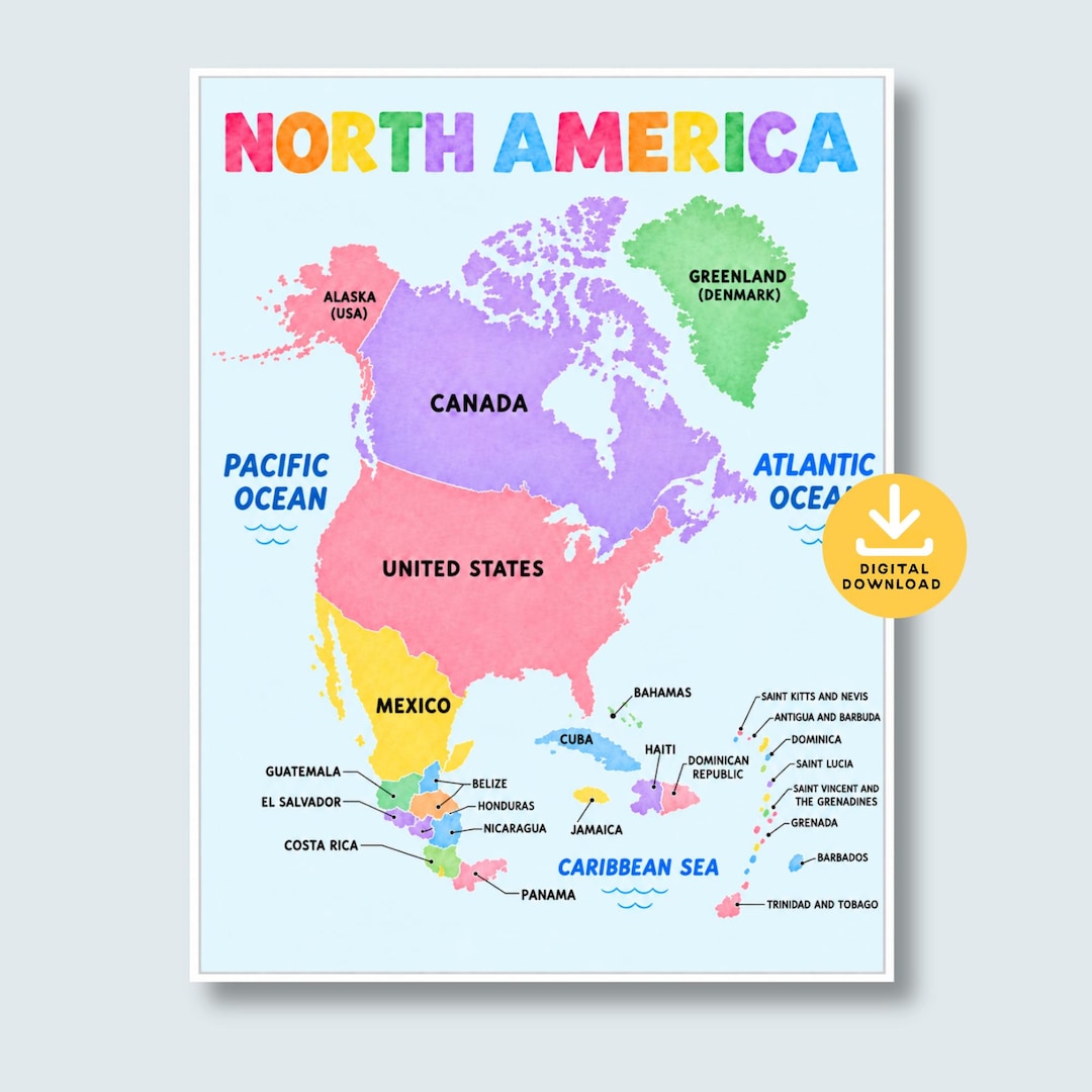 North America Map for Kids, Labeled Countries and Caribbean Islands