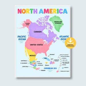 May include: A colorful educational map of North America featuring watercolor-style regions in shades of pink, purple, yellow, and green. The map includes labels for countries, oceans, and the Caribbean Sea, with a yellow digital download icon.