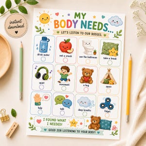 May include: A white educational chart titled MY BODY NEEDS... LET'S LISTEN TO OUR BODIES. It features twelve illustrated squares with icons and labels like drink water, eat a snack, use the bathroom, take a break, quiet, movement, a hug, space, help, talk, deep breaths, and fidget, with a bottom section stating I FOUND WHAT I NEEDED! GOOD JOB LISTENING TO YOUR BODY.