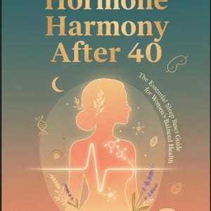 May include: Book cover with the title "Hormone Harmony After 40" in gold lettering. The cover features a silhouette of a person with a glowing line design, and the text "The Essential Sleep Reset Guide for Women's Balanced Health".