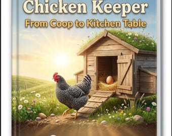 Può includere: Copertina del libro intitolata "The Complete Chicken Keeper From Coop to Kitchen Table". L'immagine presenta una gallina, un pollaio e un cestino di uova. Lo sfondo è un campo soleggiato con fiori.