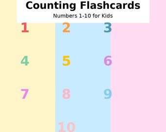 May include: Counting flashcards for kids with numbers 1-10. The numbers are in various colors and are displayed on a background of yellow, blue, and pink. The text "Counting Flashcards" is at the top.