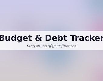 May include: The image features the text "Budget & Debt Tracker" in bold, dark letters. Below, smaller text reads "Stay on top of your finances." The background has a soft gradient of purple, blue, and pink hues.