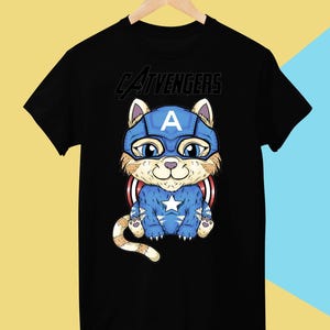 Camiseta de gato del Capitán Smerica, camiseta de los Vengadores para hombre y mujer, camiseta unisex de algodón negra