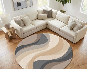 Tappeto rotondo astratto con onda neutra – Tappeto moderno beige grigio con cerchio – Tappetino da soggiorno contemporaneo minimalista