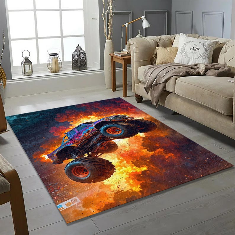 Extreme Monster Truck Fire Jump Rug | High Impact Motorspots Man Cave ...