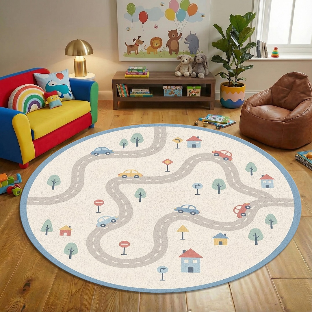 Car Play Kids Round Rug – Road Map Nursery Carpet With Cars & Traffic ...