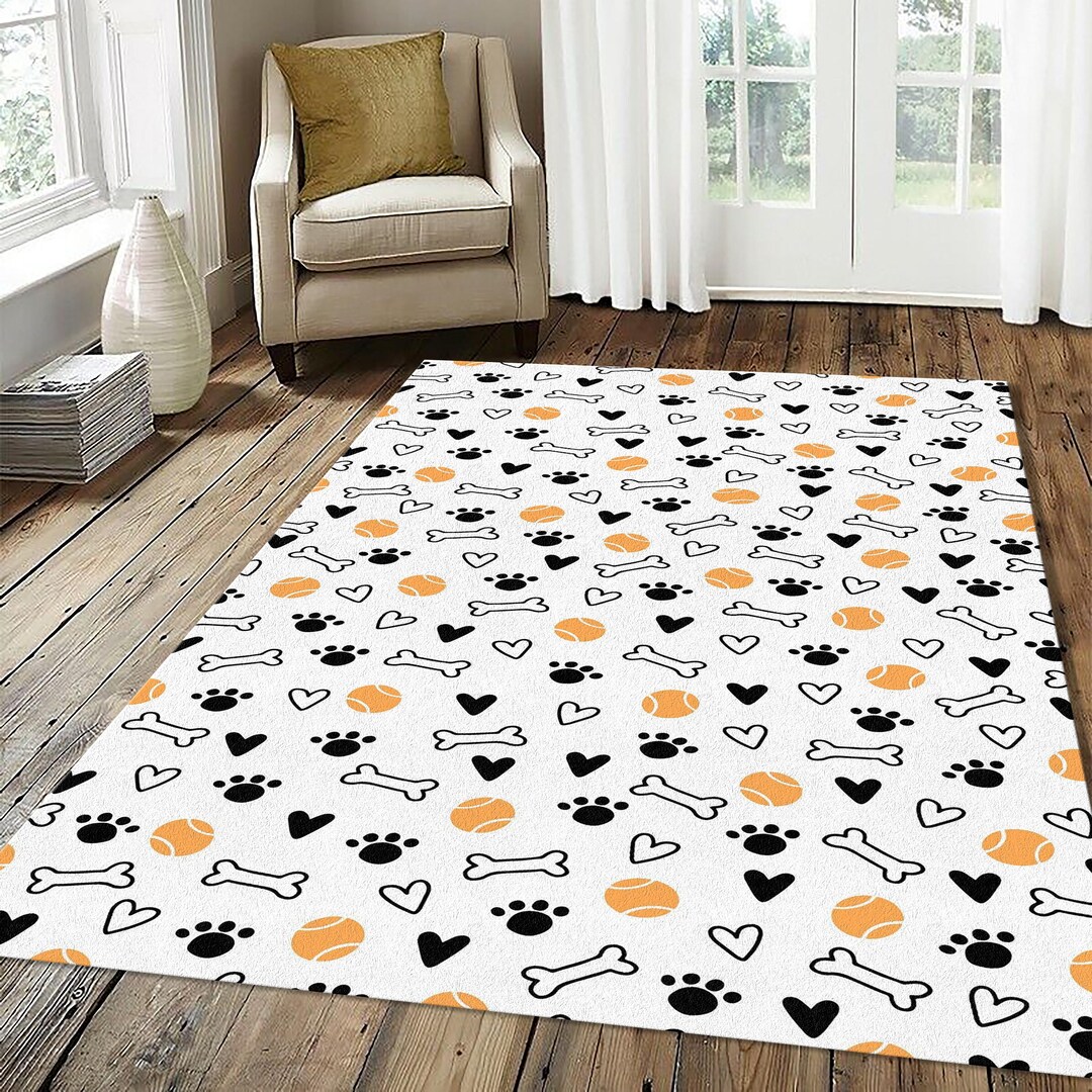 Dogtooth Rug Minimalist Dog Paw Print Doodle Rug | Black White Orange Tennis Ball ...