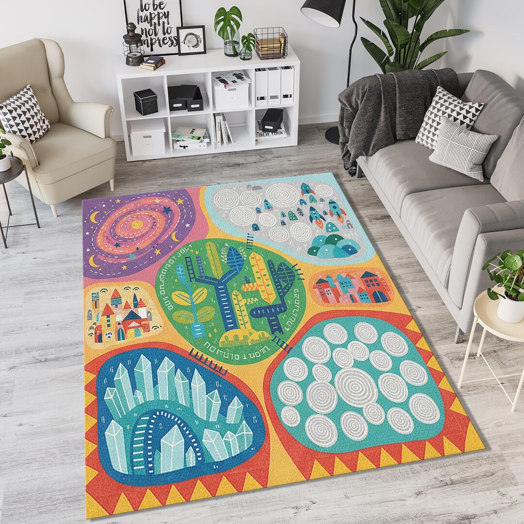 Adventure Map Kids Rug | Colorful Universe Playroom Area Mat | Rocket ...