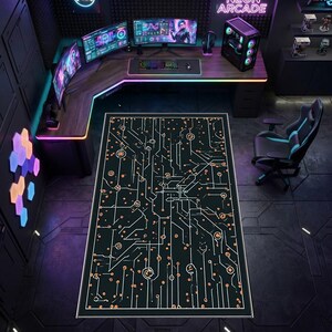 Circuit Board Area Rug | Tech Motherboard Microchip Pattern in Dark and Orange Carpet | Futuristic Floor Mat