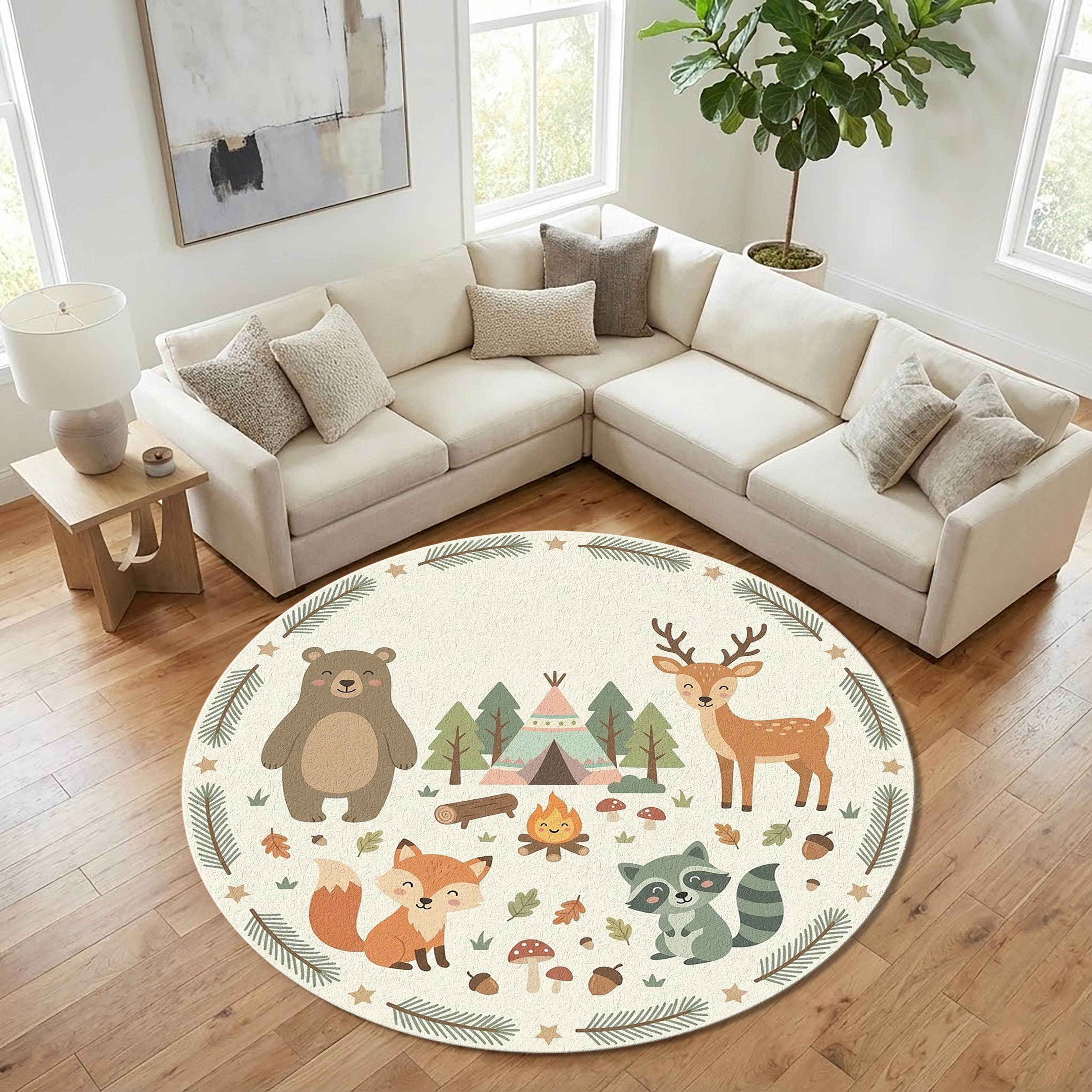 Woodland Animals Kids Round Rug – Bear Deer Fox Raccoon Nursery Carpet ...