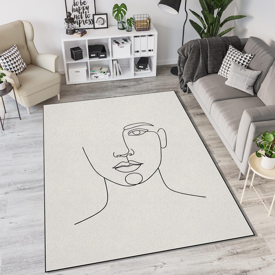 Simplistic Face Rug Minimalist One Line Face Rug | Modern Woman Portrait Area Mat ...