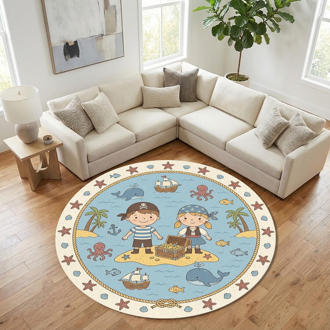 Pirate Adventure Kids Round Rug – Treasure Island Nursery Carpet With ...