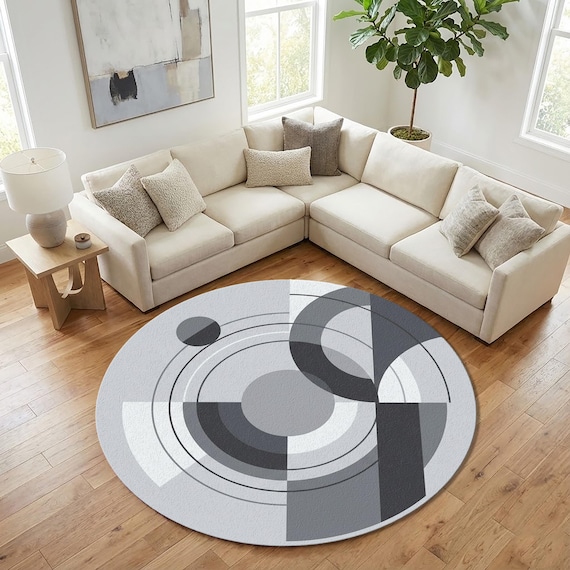 Moderner Abstrakter Grauer runder Teppich - Minimalistischer Geometrischer Kreis Teppich - Zeitgenössisches Raumdekor - Neutrale ästhetische Bodenmatte