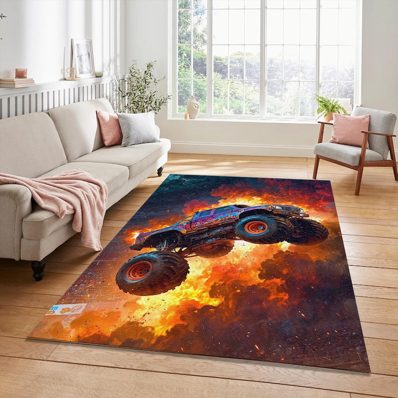 Extreme Monster Truck Fire Jump Rug | High Impact Motorspots Man Cave ...