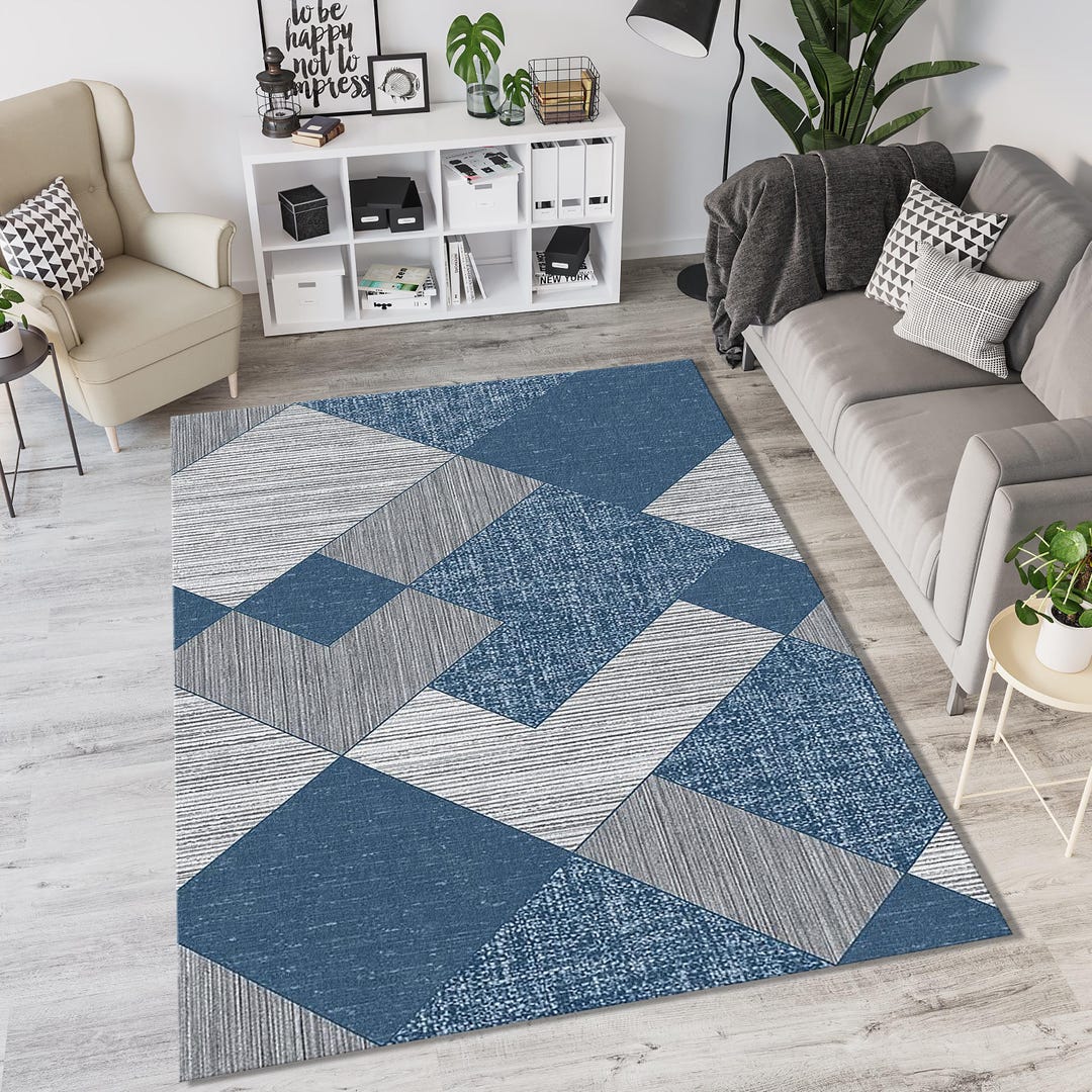 Modern Navy Blue & Gray Geometric Rug | Textured Diamond Triangle ...