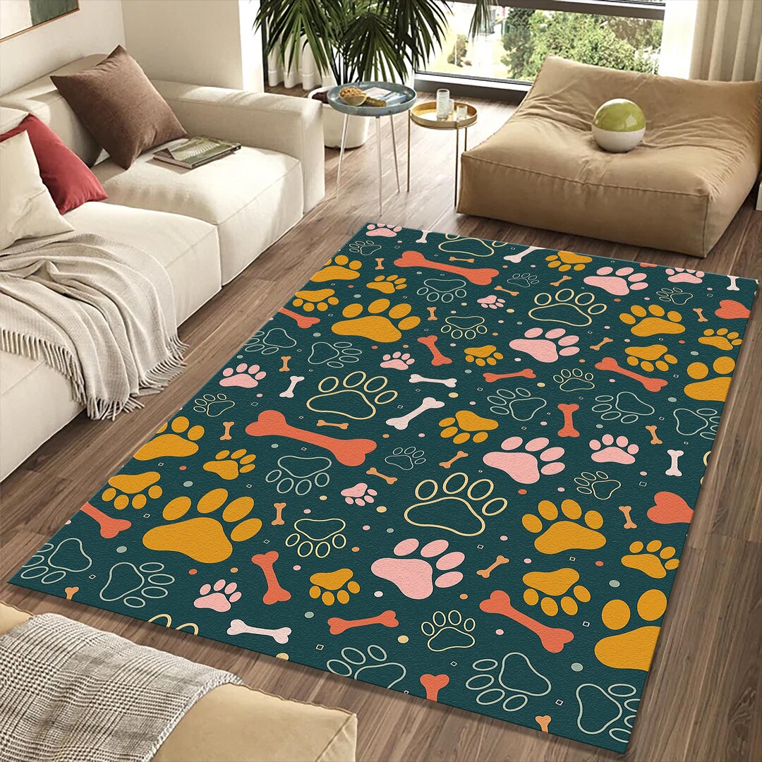 Dog Paw Print Pattern Rug | Cute Pet Lover Bone Doodle Mat | Deep Teal ...