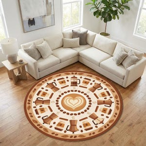 Può includere: Un tappeto rotondo a tema caffè con un design a cuore centrale di latte art circondato da chicchi di caffè e varie attrezzature per la preparazione del caffè. Il tappeto ha uno sfondo beige con accenti marroni e beige, perfetto per un soggiorno.