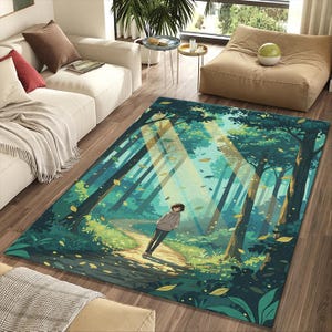 May include: A rectangular area rug featuring a forest scene with a person standing on a path. The rug has a green and blue color scheme with sunlight streaming through the trees. The rug is placed on a wooden floor.