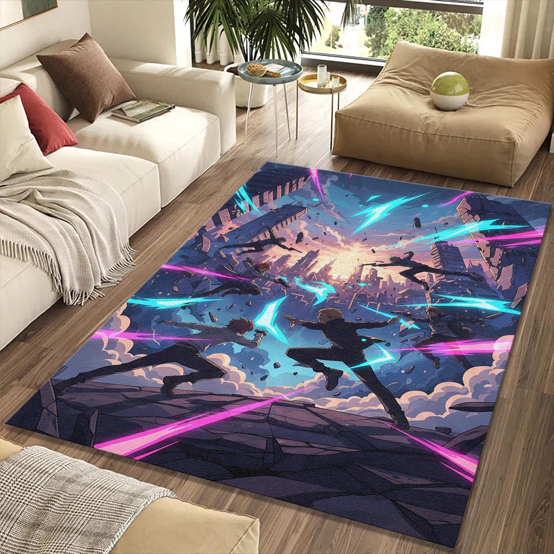 Cyber Rug Epic Action Anime Rug | Futuristic Cyber City Area Mat | Neon Blue and ...