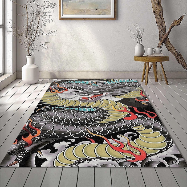 Irezumi Ryu Japanese Irezumi Dragon Tattoo Rug | Oriental Black & Olive Green ...