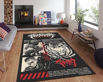 May include: Black rectangular rug featuring artwork from the manga series Berserk. The rug displays illustrations of characters and text in white and red against a black background. The rug is placed on a wooden floor.
