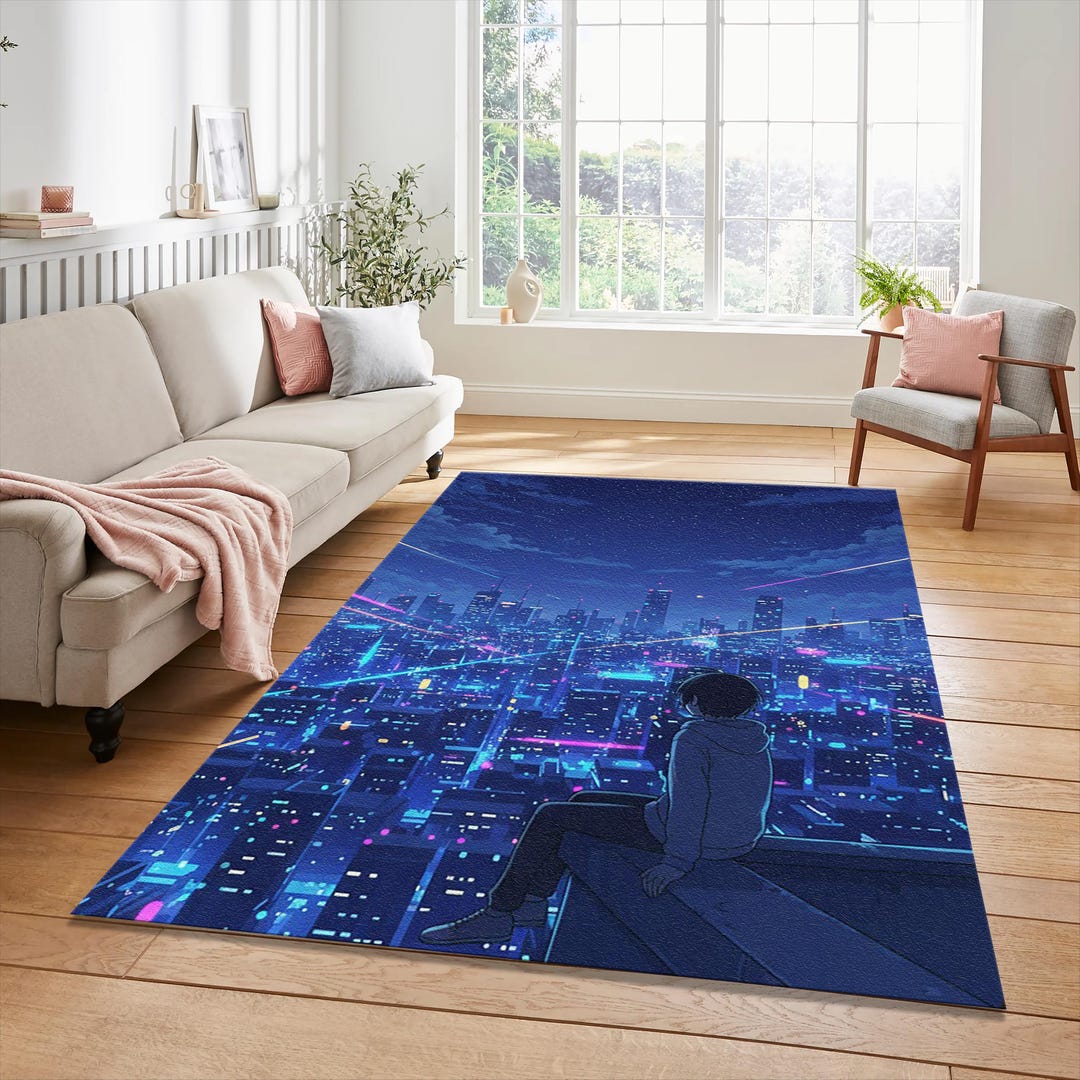 Cyberpunk Rug Texture Anime Cyberpunk City View Rug | Futuristic Neon Night Area Mat | Lofi ...