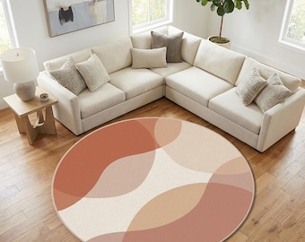 Abstract Terracotta Round Rug – Neutral Beige Brown Modern Circle Carpet – Minimalist Contemporary Living Room Floor Mat