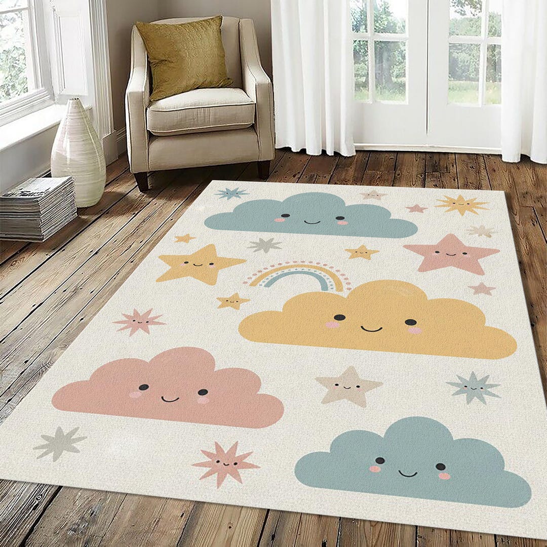 Cute Smiling Clouds & Rainbow Rug | Pastel Nursery Area Mat | Magic Sky ...