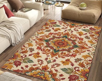 Ornate Mandala Medallion Rug | Traditional Oriental Floral Scrollwork Mat | Rich Red Gold Vintage Bohemian Living Room Decor
