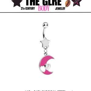 Pink Moon & Star Belly Button Ring – Celestial Dangling Navel Piercing Jewelry (14G)| Y2K Dangle Navel Jewelry