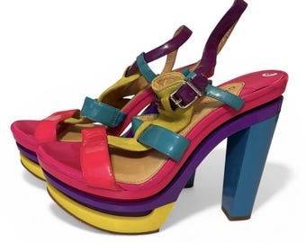 Wild Neon Platform Sandals Sz 8 Vintage Dancer Stripper Boho 5.5” Heel READ
