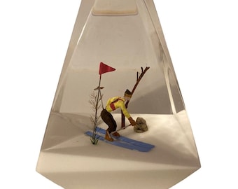 Vintage Clear Lucite Paperweight Skier Winter Scene Tree Flag Skiing Home Decor