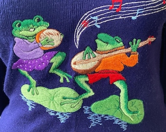 Vintage Frog Sweater Small Navy Blue Singing  Mariachi Music 70’s Granny Core