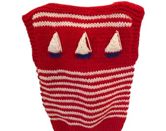 Girls Sailboat Sweater Handmade Nautical Sleeveless Crochet Size 4 5? READ