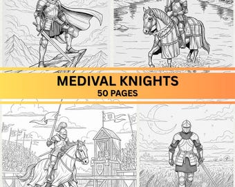 Puede incluir: Un libro para colorear titulado "MEDIVAL KNIGHTS" con 50 páginas. La portada presenta cuatro ilustraciones detalladas en blanco y negro de caballeros con armadura, incluido uno a caballo y otro de pie sobre una montaña.