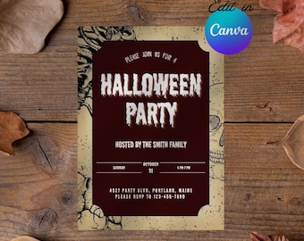 Editable Vintage Halloween Party Invitation, Spooky Halloween Party Template, Printable Skeleton Halloween Party Invite, Gothic Invitation
