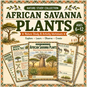 Może przedstawiać: Zestaw arkuszy ćwiczeń przyrodniczych o roślinach afrykańskiej sawanny dla dzieci w wieku 6-12 lat. Okładka przedstawia baobab, akacje i aloes. Strony zawierają teksty edukacyjne, ilustracje zwierząt, takich jak zebry, oraz puste miejsca.