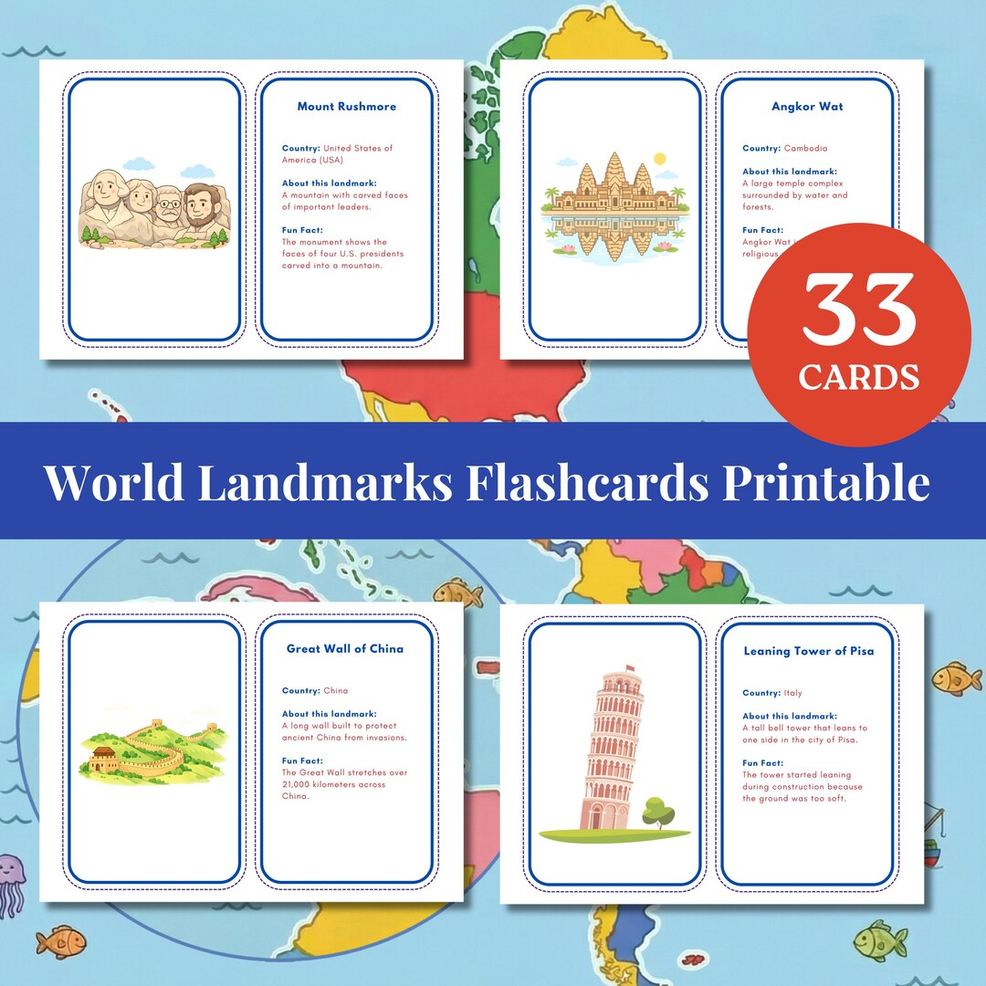 World Landmarks Flashcards Printable | Geography Cards for Kids ...