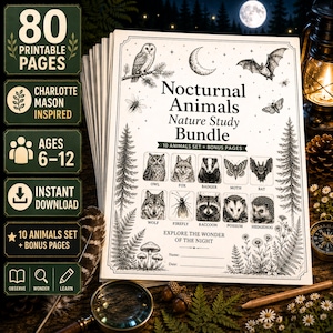 May include: A stack of printable pages titled Nocturnal Animals Nature Study Bundle, featuring black and white illustrations of an owl, fox, badger, moth, bat, wolf, firefly, raccoon, possum, and hedgehog, with text including 80 printable pages.
