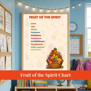 Póster imprimible sobre el Fruto del Espíritu / Tabla bíblica para la escuela dominical infantil / Decoración de pared para la educación cristiana en el hogar / Material imprimible para el aprendizaje de las Escrituras